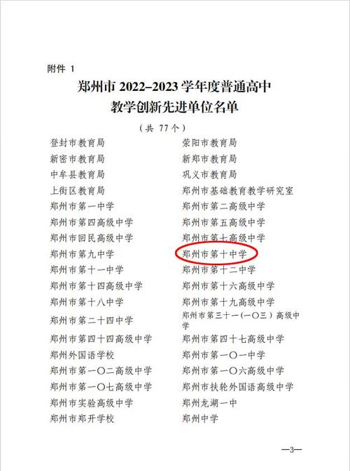1郑州市第十中学被授予郑州市普通高中教学创新先进单位